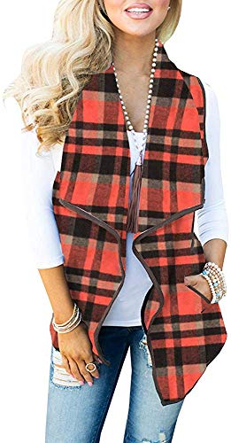 Umeko Womens Casual Lapel Open Front Plaid Vest Casual Sherpa Cardigans Jackets with Pockets (Small, 1-Orange)
