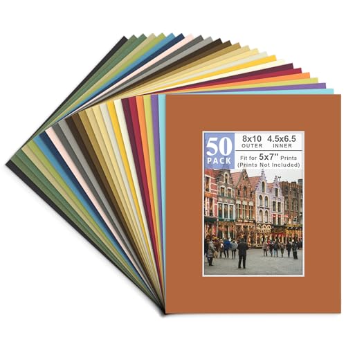 Golden State Art, Pack of 50, Acid-Free Mixed Colors Pre-Cut 8x10 Picture Mat for 5x7 Photo with White Core Bevel Cut Frame Mattes