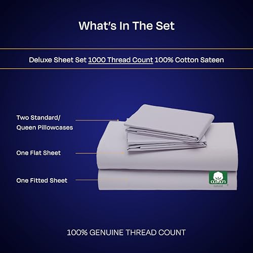 California Design Den Queen Sheet Set - Luxury 1000 Thread Count Sateen, Thick and Natural 100% Cotton Sheets, Deep Pockets, Cool and Durable Bedding Set - Lavender Grey
