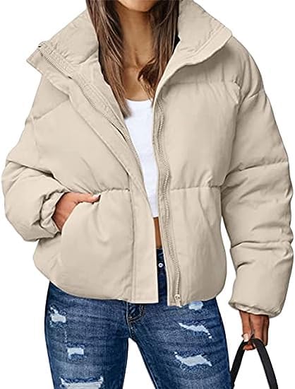 Yimoon Women's Cropped Puffer Jackets Casual Padded Jacket Long Sleeve Full Zip Stand Collar Winter Coat - Image 2