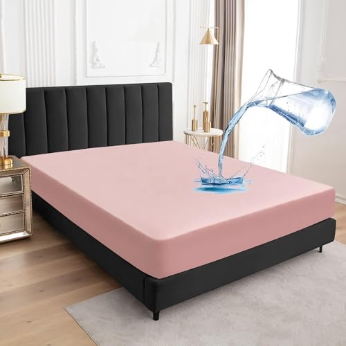Image of Waterproof Mattress Protector King Size 75x70 - Waterproof Terry Cotton Mattress Protector /Breathable Elastic Fitted Style Bed Cover King Size Bed - Pink Color - Kids Urine Protection
