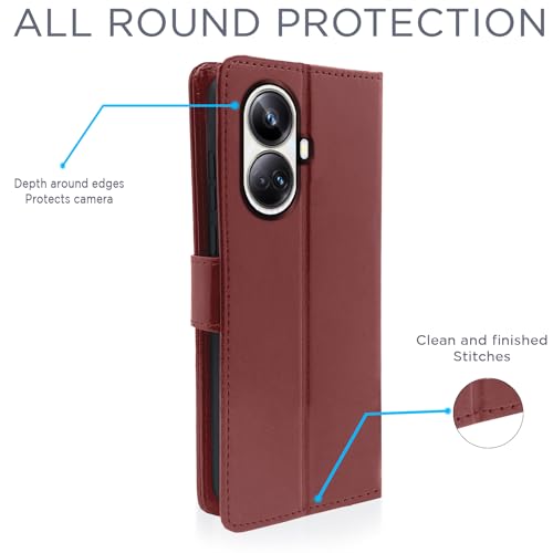 Image of Pikkme Realme 10 Pro Plus 5G Flip Cover Leather Finish | Inside TPU with Card Pockets | Wallet Stand and Shock Proof | Complete Protection Flip Case (Brown)