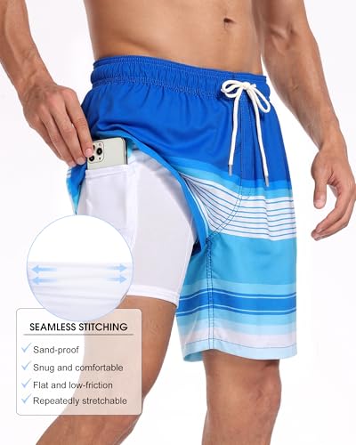 Image of Mens Swim Trunks with Compression Liner 2 in 1 Quick Dry Swimming Shorts Swimwear Bathing Suits with Pockets