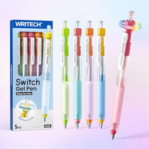 Image of WRITECH Switch Gel Ink Pens: 0.5mm Black Ink Pen Retractable Silent and Clicky Soft Grip Fine Point Pen for Journaling Smooth Writing Quick-dry No Bleed 5ct