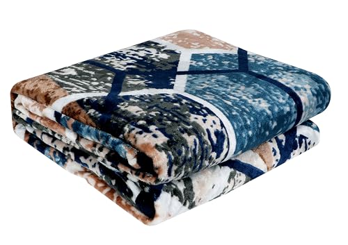 Image of Premium Ultra Soft Flannel Printed Single Blanket 220x160 cm| 200 GSM Warm & Cozy All Season AC Blanket| Lightweight Travel /Camping Throw for Sofa & Couch| Winter Duvet /Quilt- Blue & Beige