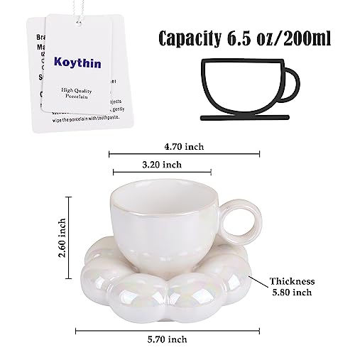 Koythin Ceramic Coffee Mug with Saucer Set, Creative Cute Cup with Sunflower Coaster for Office and Home, 6.5 oz/200 ml for Tea Latte Milk (Pearl White) - Image 3