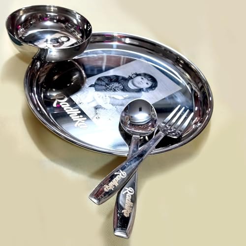Image of Customised /Laser Photo Print Stainless Steel Round Lunch & Dinner Set for Kids Dinner Plate (4 PC (Medium))