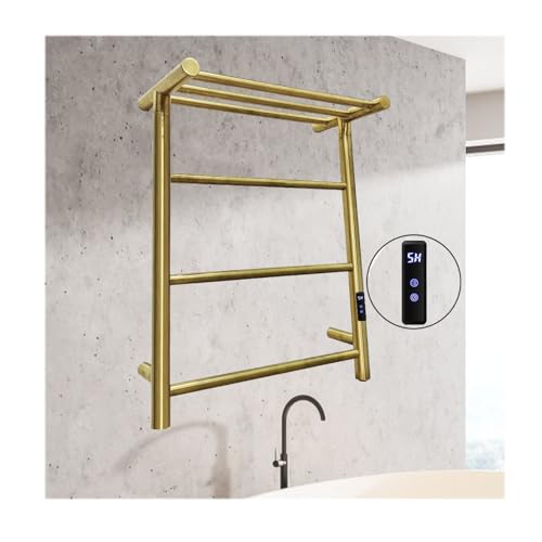 WQPMNYG Gold Display,Plug in Right,Stainless Steel Heated Towel Racks for Bathroom,Electric Towel Shelf Wall Mounted with Top Shelf,Radiator with 4 Bars