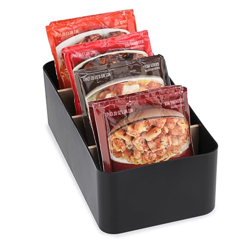 BSTKEY Seasoning Packet Organizer Food Storage Organizer with Divided 4 Bamboo Wood Compartments Black Plastic Storage Caddy for Pantry Cabinet Kitchen Organization Bin for Snacks Spice Packets