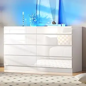 DWVO 8 Drawer Dresser with LED, White Dresser, Modern 8 Chest of Drawers with Deep Drawers Glass Top High Gloss Surface, Storage Organizer Cabinet for Living Room