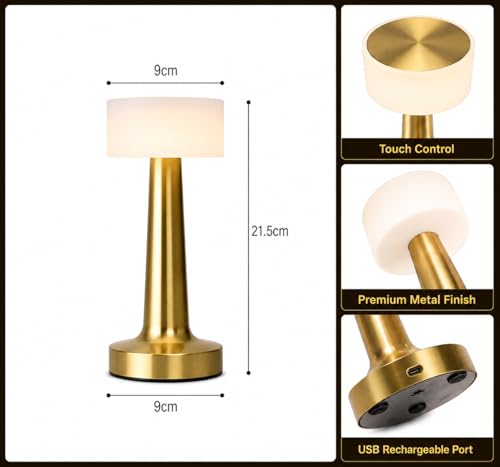 Image of One94Store Table Lamp Type-C Charging 1500mAh Battery,3 Color Dimmable Touch Control Lamp,Lamps for Home Decor and Bedroom, Living Room, Restaurant,Outdoor Use (Retro Metal - Gold)