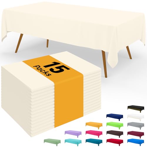 Image of Smiry Disposable Table Cloth - 15 Pack, 54 x 108 Inch Waterproof Rectangle Tablecloths for Parties, Decorative Plastic Table Cover, Leakproof & Sturdy, Beige