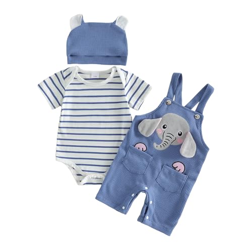 Loalirando Newborn Baby Boy Clothes Outfit Striped Short Sleeve Romper Embroidered Elephant/Dinosaur Overalls Pants Hat Spring Summer 3Pcs Clothing Set (Blue 6-12 Months)