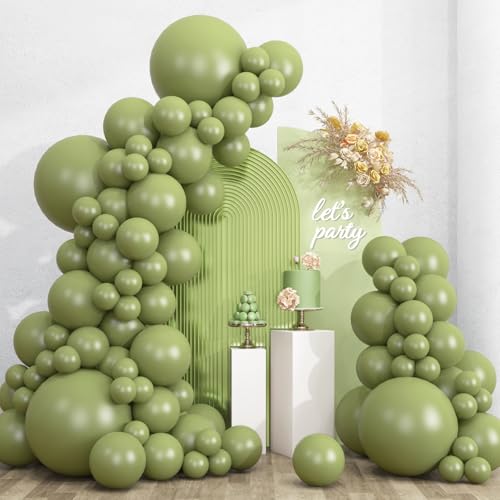 Image of RUBFAC 135pcs Sage Green Balloons, Latex Olive Dusty Green Balloon Different Sizes 18 12 10 5 Inch for Garland Arch Birthday Party Graduation Baby Shower Wedding Safari Jungle Boho Decoration