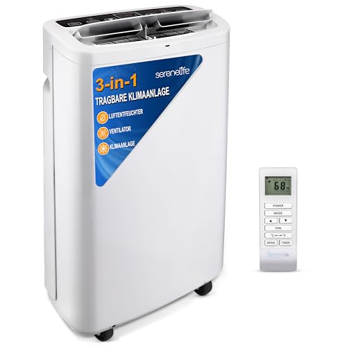 SereneLife Climatiseur mobile, Climatiseur Portable 3-en-1 avec Fonction Déshumidificateur Intégrée, Mode Ventilateur, Télécommande,Kit d'Évacuation Complet pour Fenêtre,13K BTU,Blanc