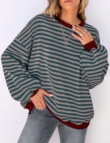 Image of UEU Women Oversized Striped Crewneck Sweatshirt Long Sleeve Color Block Pullover Tops Casual Loose Workout Shirt