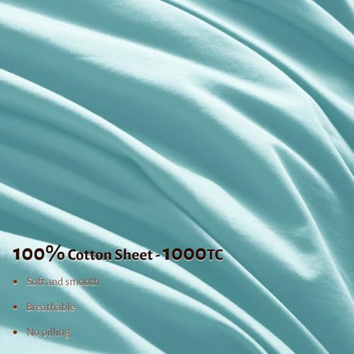 Shilucheng 100% Egyptian Cotton Queen Size Sheets Set - 1000 Thread Count，Luxury Cotton Bed Sheets，Breathable & Cooling Bedding and Pillow Cases, 16 Inch Deep Pocket - 4 Piece (Spa Blue, Queen)