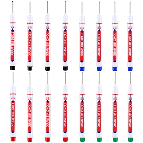 16PCS Long Nib Mark Pen Deep Hole Marks Multi-Purpose Mark Pen Multicolored Durable Marking Tool for Carpenters Builders Construction (Black/Blue/Red/Green)