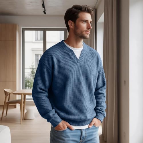 Waffle Shirts for Men Long Sleeve V Neck Fake 2 Piece Casual Layered Shirt - image 2