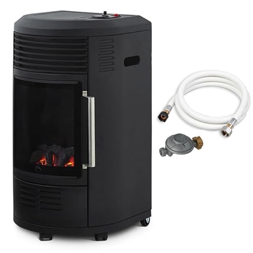 FAVEX - Poêle à gaz Infrableu avec soufflerie Volga - Chauffage d'appoint à gaz - Prêt à l'emploi tuyau et détendeur inclus - Effet feu de cheminée - 6 puissances de chauffe - Jusqu'à 40 m² - Noir