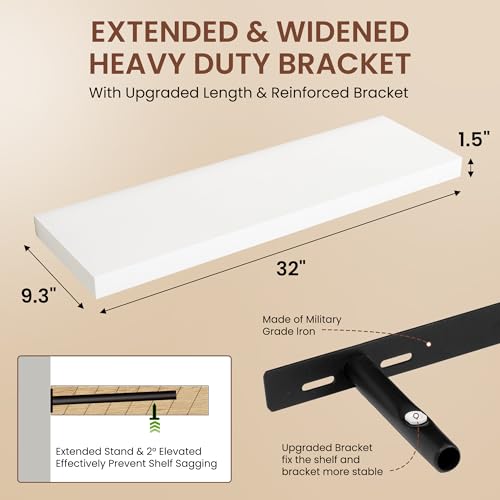 Image of Dreamland 32 Inches Floating Shelves for Wall, 9.3 inch Deep Long Floating Shelves Set of 2, Large Display & Storage Shelf, Wall Shelf for Bathroom Bedroom Living Room Kitchen Office, White