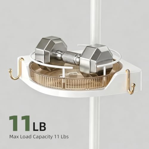 Image of akinbas 360 Rotating Shower Caddy Tension Pole with 4-Tier Rustproof Lazy Susan 35-128 Inch No Drilling Coner Shelves Adjustable Shower Rack for Bathroom Bathtub Washbasin Plant Storage (White+Gold)