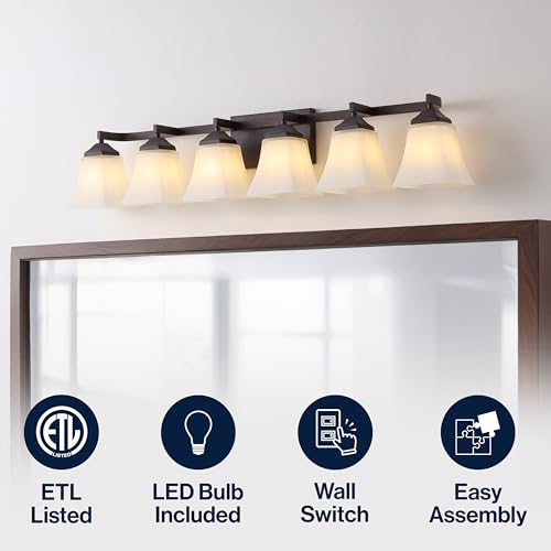 Image of JONATHAN Y 39.5 inch Oil Rubbed Bronze White 6-Light Metal Glass Rectangular Vanity Light Wall Sconce Traditional Transitional for Bathroom with Frosted Glass Shade Damp Rated LED Bulbs Included JYL7623A