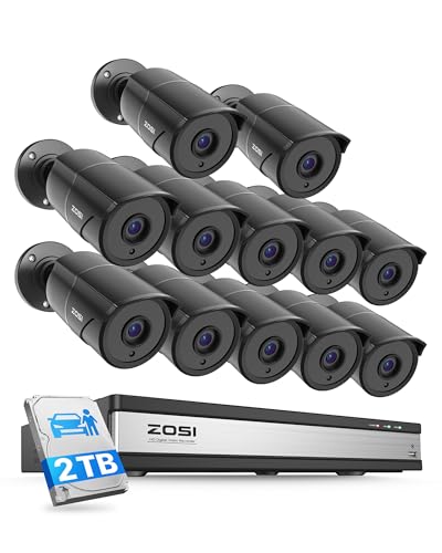 Image of ZOSI 16CH 3K Lite Security Camera System with Audio, AI Human /Vehicle Detection, Night Vision, 12 x 1080P Metal Weatherproof Wired Cameras, 16 Channel Surveillance DVR with 2TB HDD for 24 /7 Recording