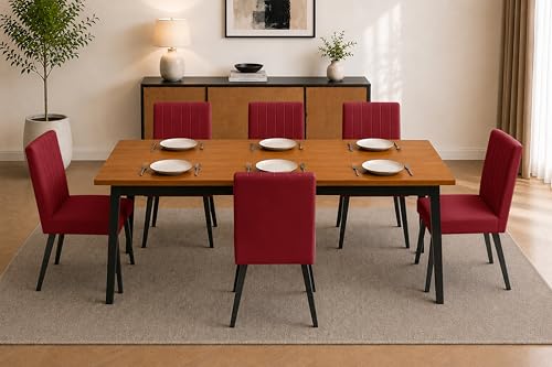 Image of Rosebell 6 Seater Dining Table Set with Cushioned Chairs | Modern Dining Table for Home, Dining Room & Kitchen | Black Metal Legs | Red