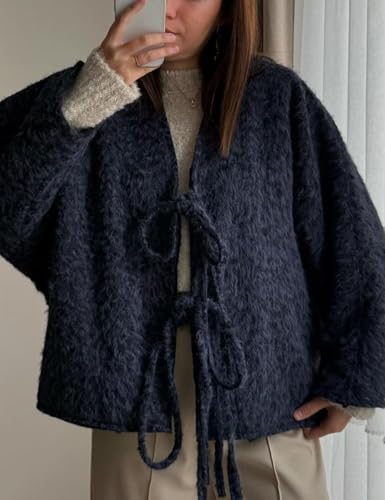Yimoon Womens Tie Front Fuzzy Jacket Oversized V Neck Bow Fluffy Warm Coat 2024 Fall Loose Long Sleeve Outerwear3