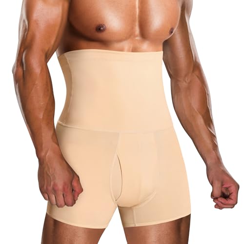 TAILONG Men Tummy Control Shorts High Waist Slimming Underwear Body Shaper Seamless Belly Girdle Boxer Briefs (Beige, M)
