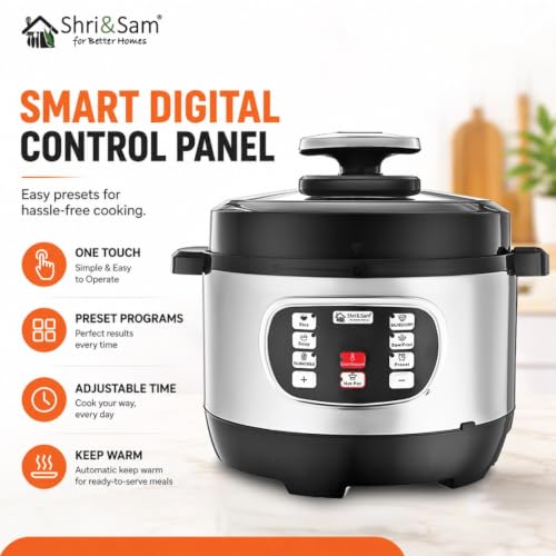 Image of Shri & Sam Stainless Steel Electric Pressure Cooker | Automatic Pressure Cooking | Multi-Cooking Electric Cooker 6 in 1 | Durable & Easy to Clean (3, litres)
