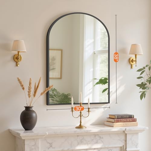 Image of Sweetcrispy 38 inchx30 inch Arched Black Bathroom Mirrors for Wall, Bathroom Mirrors for Over Sink, Metal Framed with HD Shatter-Proof Glass for Entryway, Living Room, Bedroom, Home Decor
