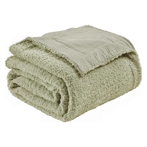 EMME Muslin and Fleece Throw Blanket Reversible - 50"*60" Sage Green Soft Warm Throw Blankets for Couch Bed Picnic Travel Bed