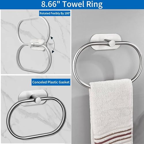 Image of JIALTO Bathroom Towel Holder | 4 Pcs Wall Mounted Bathroom Clothes Hanger with Adhesive Hooks | Towel Rod | Tissue Paper Holder | Bathroom Fittings Rod & Towel Stand (Silver, 4 - Pieces Set)