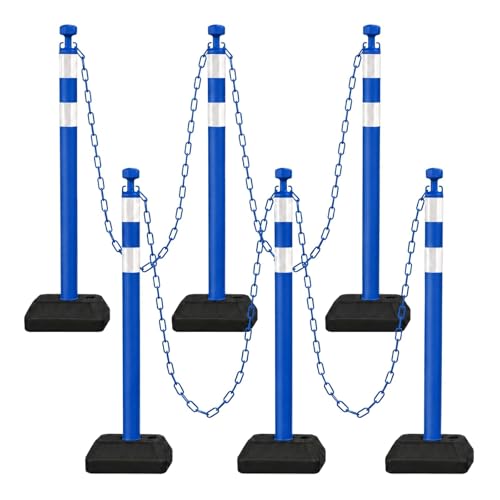 Image of 6 Pack Traffic Delineator Post Cones with Chain Stanchion, Blue Crowd Control Safety Barrier Posts with Water Filled Base for Warehouses, Parking Garages and Crowd Guidance (Blue)
