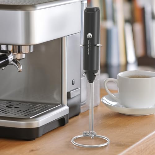 Image of Milk Frother with Stand (Battery Included), Handheld Battery Operated Electric Foam Maker with Stainless Steel Whisk for Coffee, Latte, Cappuccino, Hot Chocolate