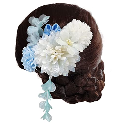 QianYang 髪飾り 着物 和装 高級造花 振袖 七五三 浴衣 結婚式 成人式 卒業式 袴 子供 レディース プレゼント Uピン 4点セット (ブルー)