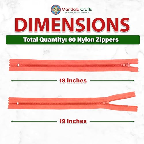 Image of Mandala Crafts 60 PCs Coral Closed-End 18 Inches Nylon Zippers for Sewing | Colorful, Bulk Sewing Supplies, For Tailor Clothing Fabric Leather, Washable, Indoor & Outdoor, Jackets, Hoodies
