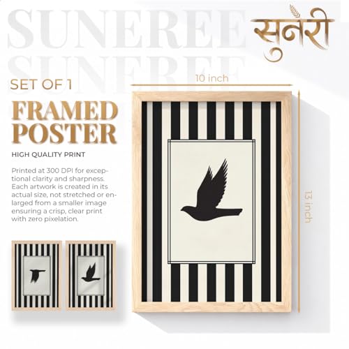 Image of Suneree Flying Birds Wall Art Set of 2 Framed Paintings | Black White Striped Minimal Bird Silhouette Poster | Living Room Bedroom Home Decor (Art 2, 10x13 Inches)