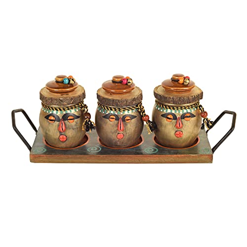 Image of AAKRITI ART CREATIONS Happy Tribals Storage Jars and Handcrafted Tray| Multicolor Abstract Art Terracotta Jars with Wooden Tray | Matte Finish Kitchen Storage Set | Jars for Dining Table & Home Decor