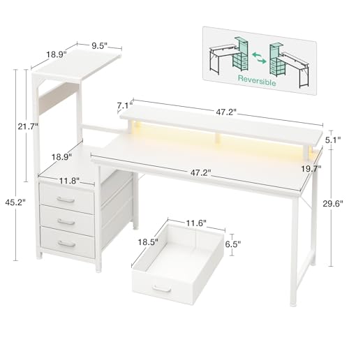 Image of AODK 59 Inch Gaming Desk with USB Charging Ports & LED Light- Reversible Computer Desk with Storage Shelves & Monitor Stand, Modern Gamer Desk Table with Fabric Drawers, White