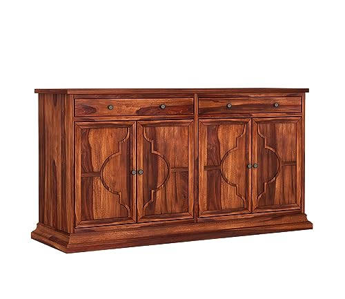 Image of SHIKHA WOOD CRAFT Solid Sheesham Wood Sideboard Cabinet with 2 Drawers & 4 Doors, Multipurpose Wooden Storage Organizer Furniture for Living Room, Kitchen, Crockery, and Bedroom (Honey Finish)