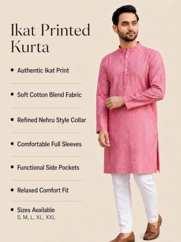 Image of Studio Shringaar Men's Cotton Blend Relaxed Fit Ikat Printed Knee Length Kurta