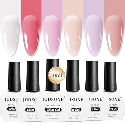 JODSONE 10ml Jelly Gel Nail Polish Set 6 Pale Colours White Pale Red Soft Pink Natural Nude Pale Purple Fresh Pink Purple All Seasons Neutral Soak off LED Lamp Gel Manicure Set for Nail Art Cover