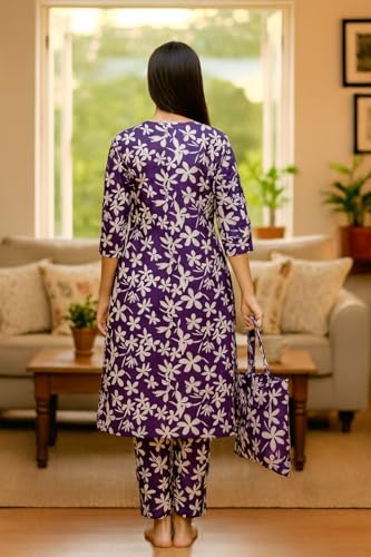 Image of Vlazom Women's 3-Piece Cotton Cord Set with Matching Bag | Floral Printed Co-Ord Set with Kurta Top & Pants | Ethnic Cotton Coord for Women