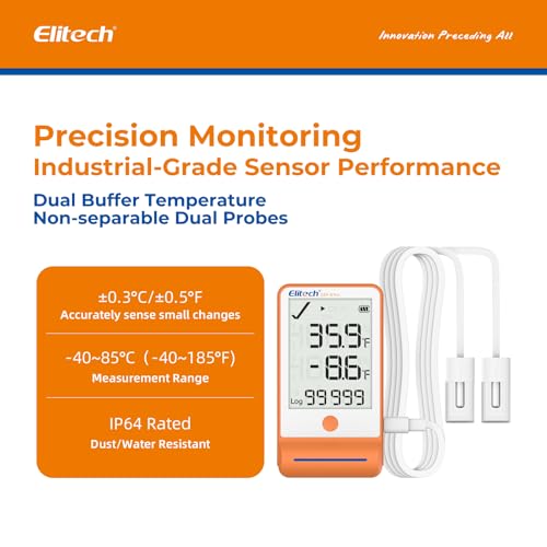 Image of Elitech 10Pack Bluetooth Dual-Probe GSP-6 Refrigerator Data Logger | Dual Gel Vial Temp Probes Precision, Pharmacy Vaccine DDL Certified, 100,000-Point Data, MAX /MIN, Export PDF /CSV Reports