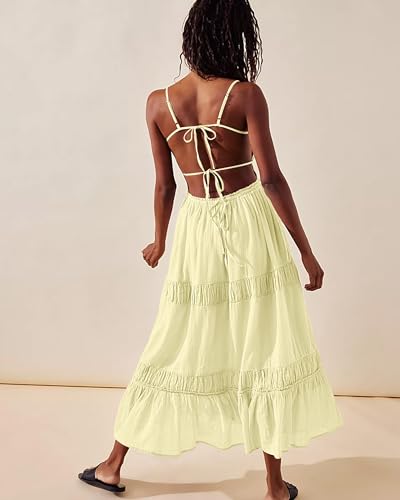 Image of VIUTIL Flowy Maxi Dress for Women Summer Cotton Backless Beach Long Dress with Pockets 2026