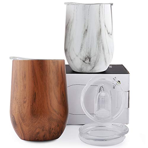 Sivaphe Tasse à café Acier Inoxydable Double paroi Isolé Stemless Mugs À Bière À Vin avec Couvercles pour Camping Voyage (12OZ, 350ML) -Lot de 4 (Motif de marbre/Bois)