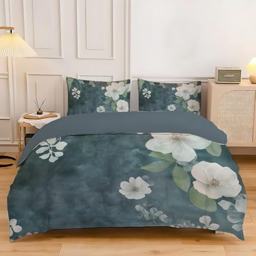 Housse de couette 200x200 fleurs blanches réversible anti-pli